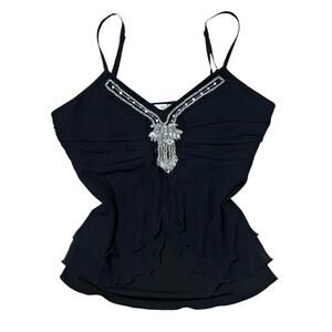 VTG Y2K Peep Studio Black & Silver Beaded Sequin Silk Dark Fairy Cami Top M/S